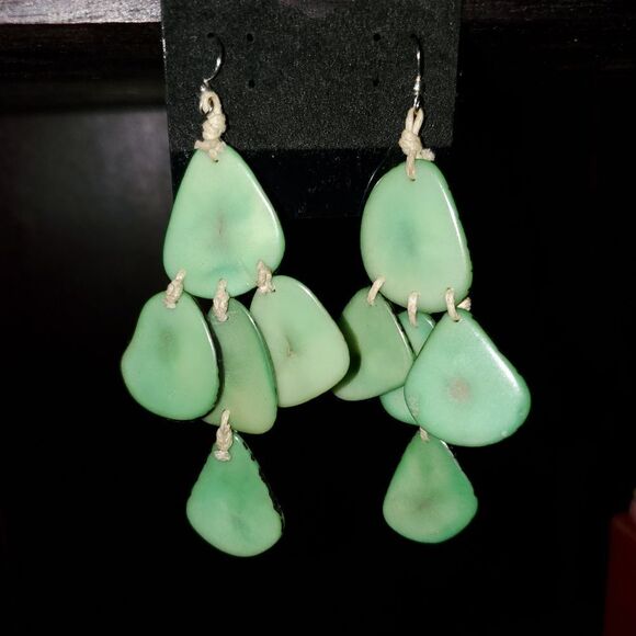 SALE! Tagua Nut Green Dangle Earrings - Picture 1 of 6
